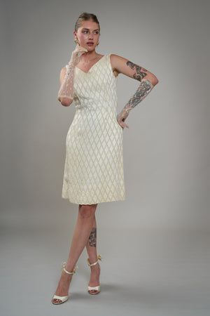 mac duggal floral beaded sheath dress Vintage White Pearl & Silver Beaded Lace Dress